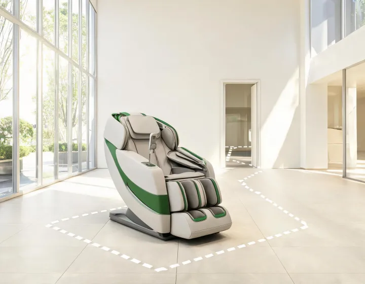 Unbranded massage chair with clear recline space in a showroom