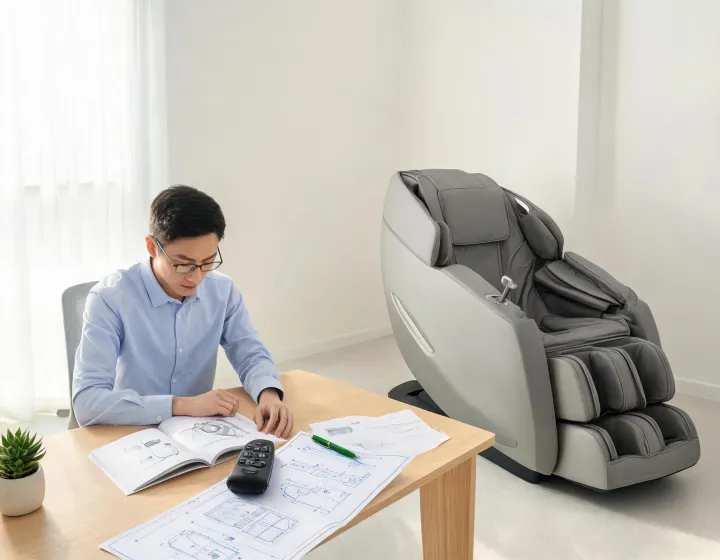 Buyer checking massage chair configuration sheets